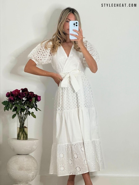 Style Cheat White Claudia Broderie Puff Sleeve Midi Dress (N95620) | €41.50