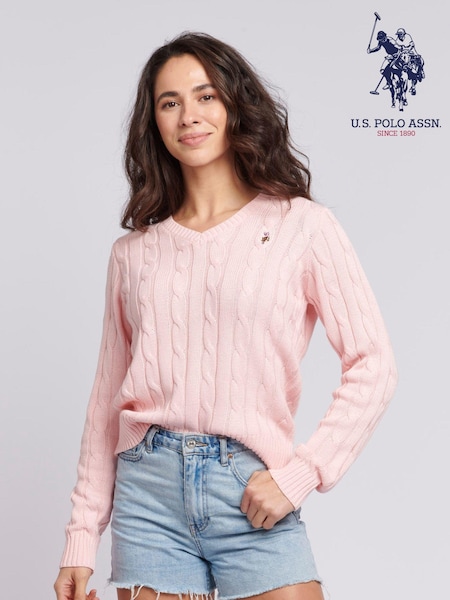U.S. Polo Assn. Pink Womens V-Neck Cable Knit Jumper (N95653) | $83