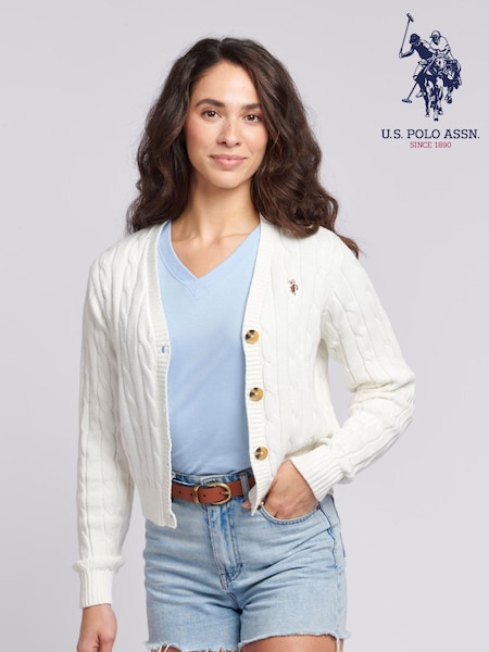 U.S. Polo Assn. White Cable Knit Womens Cropped Cardigan (N95658) | €92
