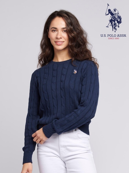 U.S. Polo Assn. Navy Blue Womens Crew Neck Cable Knit Pink Jumper (N95660) | $83