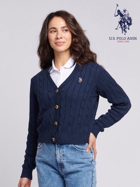 U.S. Polo Assn. Blue Cable Knit Womens Cropped Cardigan (N95662) | ₪327