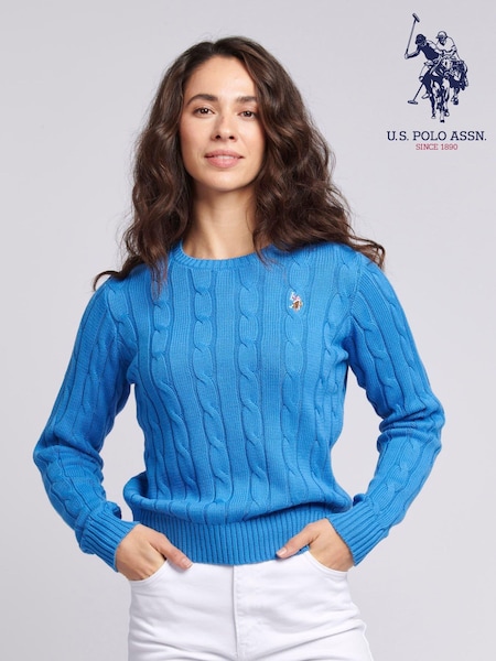 U.S. Polo Assn. Blue Womens Crew Neck Cable Knit Pink Jumper (N95663) | ₪302