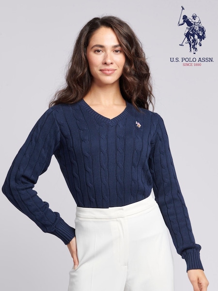 U.S. Polo Assn. Blue Womens V-Neck Cable Knit Jumper (N95665) | $83