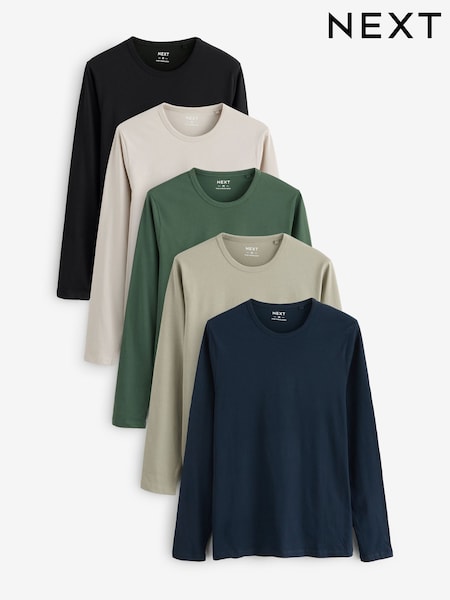 أسود/ محايد/ أخضر داكن/أخضر مريمي/ أزرق كحلي - Long Sleeve 100% Cotton Layering T-Shirts 5 Pack (N95677) | ‏7 د.ك.‏