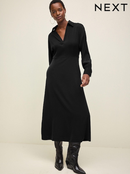 Black Long Sleeve V-Neck Midi Dress (N95889) | €30