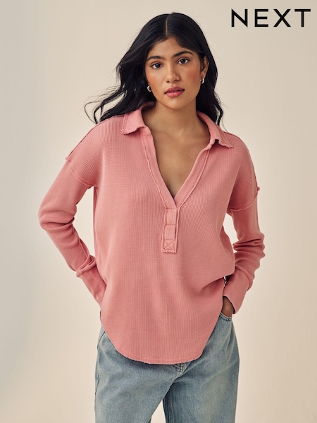 Розовый - Long Sleeve Collared Waffle Top (N96026) | €14