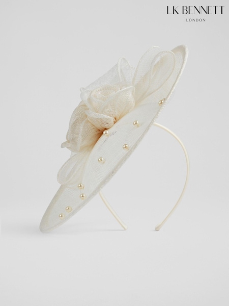 LK Bennett White Mesh Pearl Detail Ayla Wide Brim Fascinator Hat (N96149) | €140