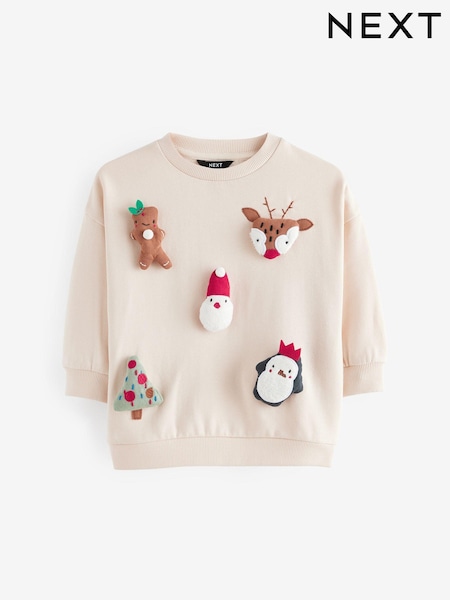 Ecru Cream 3D Christmas Crew Neck 100% Cotton Sweatshirt (3mths-7yrs) (N96208) | AED46 - AED53
