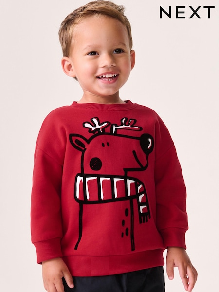 Red Reindeer Christmas Crew Neck 100% Cotton Sweatshirt (3mths-7yrs) (N96211) | AED32 - AED39