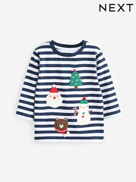 Navy Blue/White Long Sleeve Christmas 100% Cotton T-Shirt (3mths-7yrs) (N96276) | €9 - €11