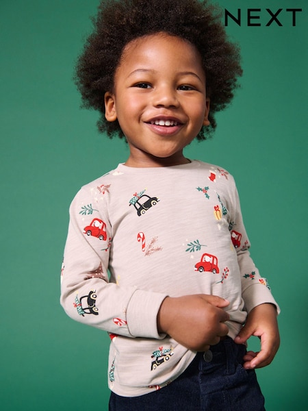 Natural Long Sleeve Christmas 100% Cotton T-Shirt (3mths-7yrs) (N96277) | €5 - €7