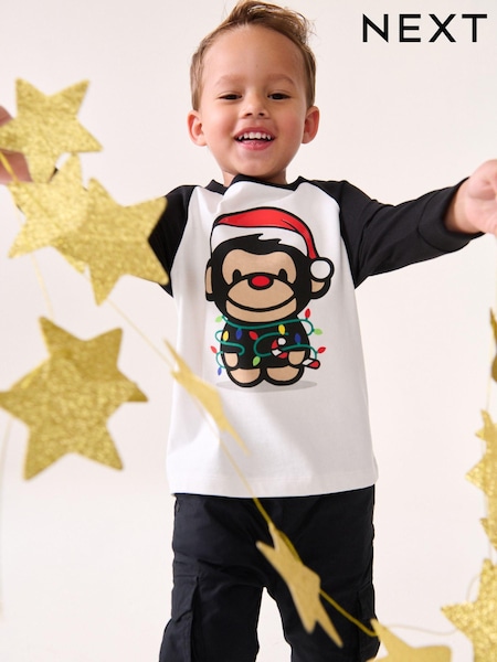 Black/White Long Sleeve Christmas 100% Cotton T-Shirt (3mths-7yrs) (N96278) | €7 - €9