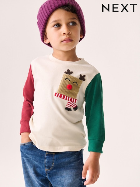 Ecru White Long Sleeve Christmas 100% Cotton T-Shirt (3mths-7yrs) (N96280) | €9 - €11