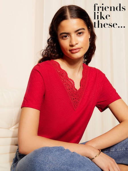 أحمر - Friends Like These Short Sleeve Lace V Neck Tunic (N96302) | ‏67 د.إ.‏