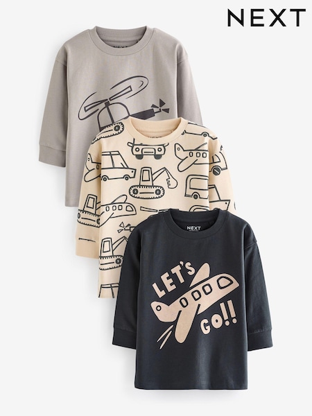 Black/Grey 100% Cotton Long Sleeve Transport T-Shirts 3 Pack (3mths-7yrs) (N96315) | 55 QAR - 69 QAR