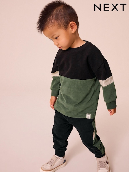 Black/Green 100% Cotton Long Sleeve Soft Touch T-Shirt and Joggers Set (3mths-7yrs) (N96316) | AED56 - AED71