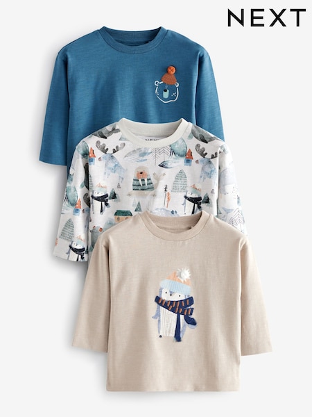 Blau/Weiß - 100% Cotton Long Sleeve Animal Print Character T-Shirts 3 Pack (3mths-7yrs) (N96318) | 18 € - 21 €