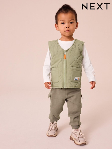 Khaki/Stone Quilted Gilet and Utility Joggers 3 Piece Set (3mths-7yrs) (N96344) | AED28 - AED32