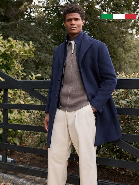 Navy Blue Signature Soft Touch Wool Rich Padded Italian Fabric Funnel Neck Coat (N96495) | €262