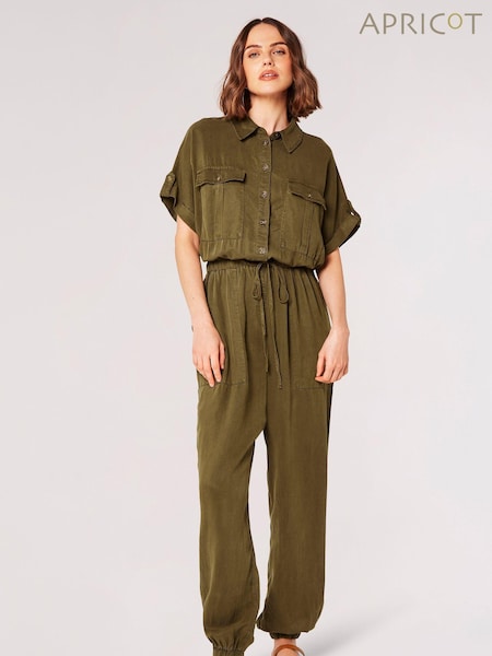 Olive Green - Apricot Drawstring Waist Utility Jumpsuit
