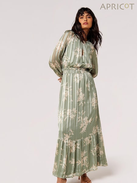 Apricot Green Silhouette Floral Satin Shimmer Maxi Dress (N96548) | €27