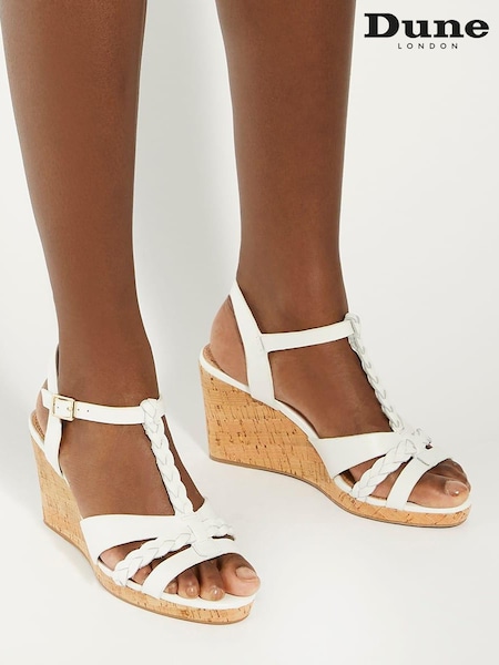 Dune London White Wide Fit Koali Plait T-Bar Wedge Sandals (N96655) | €113
