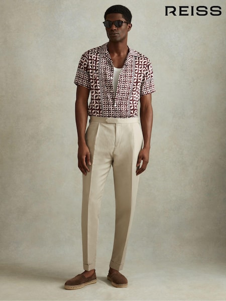 טבק - Reiss Prentice Geometric Print Cuban Collar Shirt (N96796) | ‏860‏₪