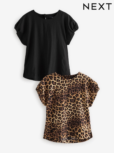 Brown Leopard Print and Black Gathered Short Sleeve Textured Boxy T-Shirts 2 Pack (N96799) | €11