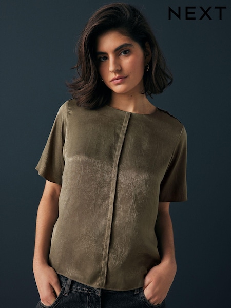 Khaki Green Satin Crinkle Textured T-Shirt (N96830) | €17