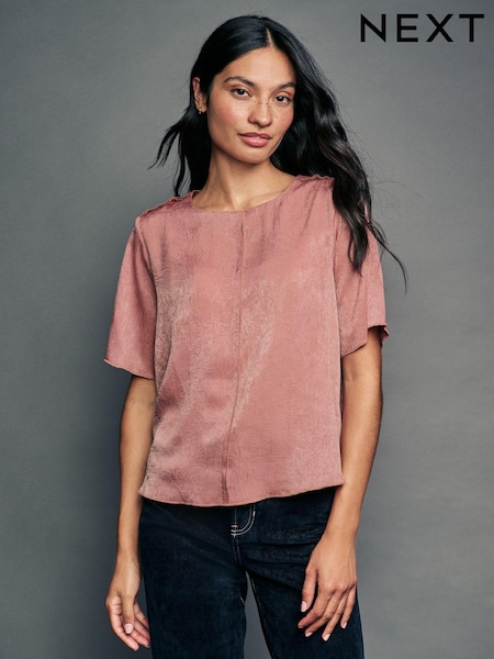 Rose Pink Satin Crinkle Textured T-Shirt (N96831) | 63 QAR