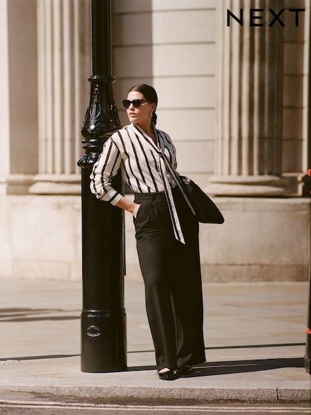 Monochrome Stripe Long Sleeve Tie Neck Scarf 100% Cotton Shirt (N97165) | €19.50