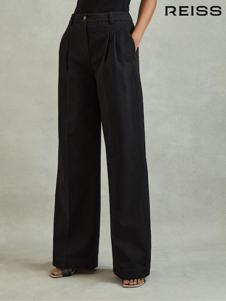 Reiss Washed Black Astrid Petite Cotton Blend Wide Leg Trousers (N97247) | €220