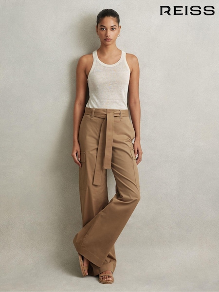 Reiss Camel Malia Cotton Blend Wide Leg Cargo Trousers (N97259) | ₪1,225