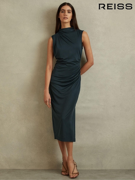 Reiss Dark Green Beaux Modal Blend Ruched Midi Dress (N97264) | €84