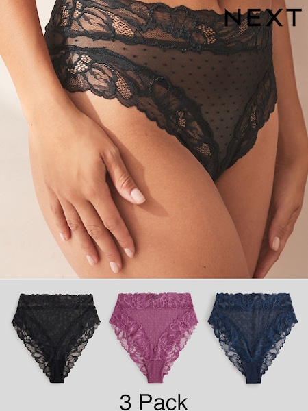Black/Navy Floral Lace High Waist High Leg Knickers 3 Pack (N97286) | $37