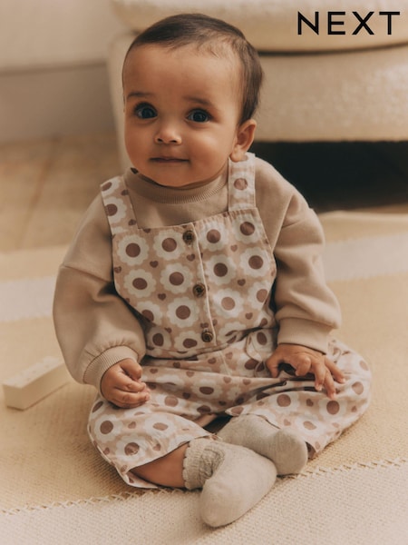 Tan Brown/Cream Floral Baby Dungarees and Bodysuit Set (0mths-2yrs) (N97319) | AED102 - AED112