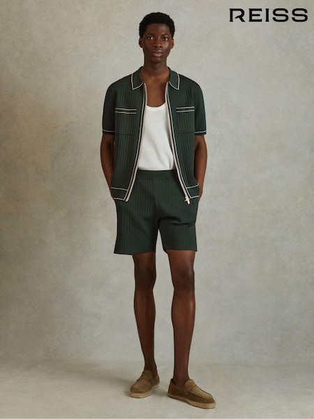 Reiss Dark Green Etienne Ribbed Elasticated Waist Shorts (N97342) | 1,014 QAR
