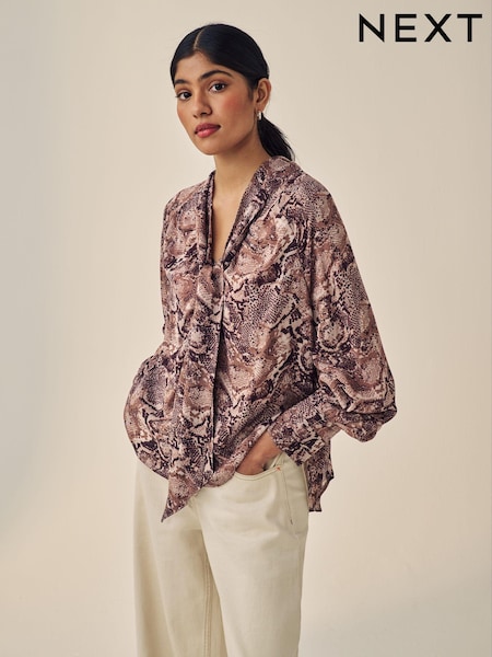 Brown Snake Print Long Sleeve Tie Neck Blouse (N97365) | €13