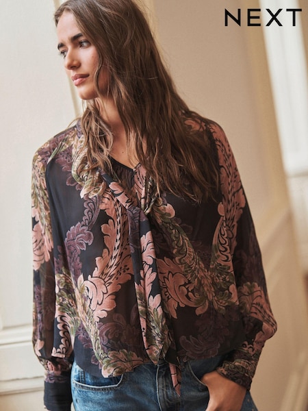 Purple Paisley Print Long Sleeve Tie Neck Blouse (N97367) | €20