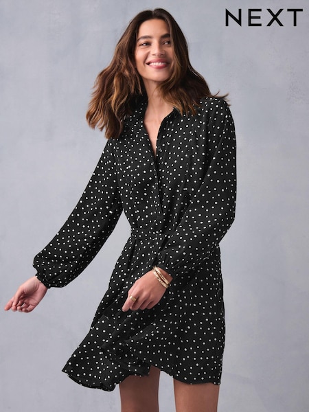 Monochrome Polka Dot Tie Bow Long Sleeve Mini Dress (N97426) | €8