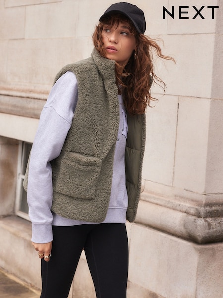 Khaki Green Reversible Borg Teddy Gilet (N97562) | €47