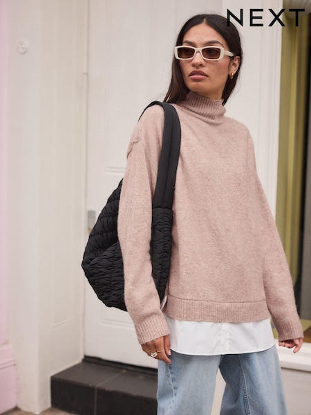 Oatmeal Roll Neck Shirt Back Poncho (N97575) | €66
