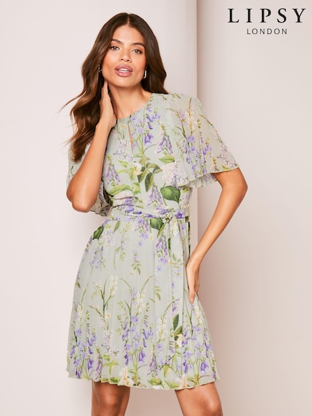 Lipsy Green Floral Print Short Flutter Sleeve Pleated Mini Dress (N97664) | €31