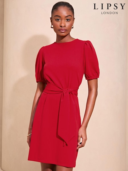 Lipsy Red Short Sleeve Round Neck Tie Waist Shift Dress (N97678) | € 27
