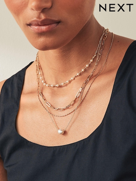 Gold Tone Multilayer Pearl Chain Necklace Made With Recycled Brass And Steel (N97698) | 44 QAR