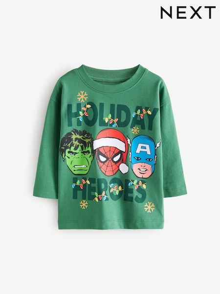 Green 100% Cotton Long Sleeve Marvel Christmas T-Shirt (3mths-8yrs) (N97819) | €11 - €14