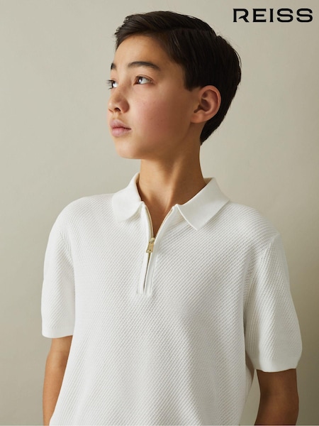 Blanco - Reiss Ivor Textured Quarter Zip Polo Shirt (N97904) | 55 €