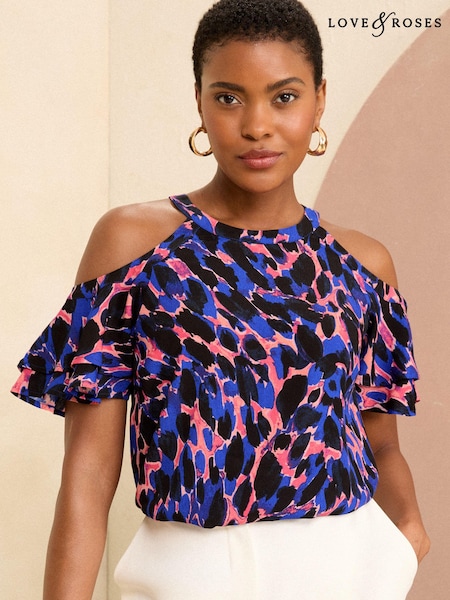 Love & Roses Blue Animal Cold Shoulder Printed Blouse (N97973) | €21