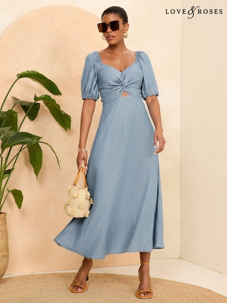 Love & Roses Twist Front TENCEL™ Denim Midi Dress (N98065) | 242 LEI
