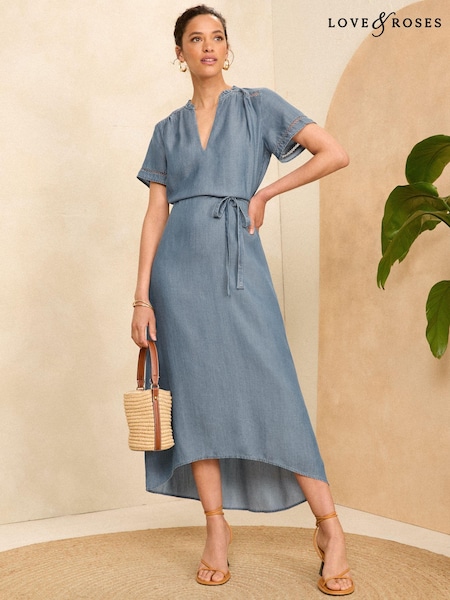 Love & Roses Short Sleeve Crochet Detail Tencel Denim Midi Dress (N98085) | 34 €